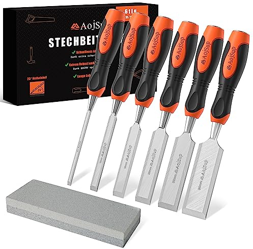 AojSup Stechbeitel Set für Holz 6tlg. inkl. Scharfes Stecheisen Set (6, 12, 19, 25, 32, 38mm) und Schleifstein, Profi Beitel Satz mit 25° Keilwinkel, Holzmeißel Set mit Robuster Metall-Schlagkappe