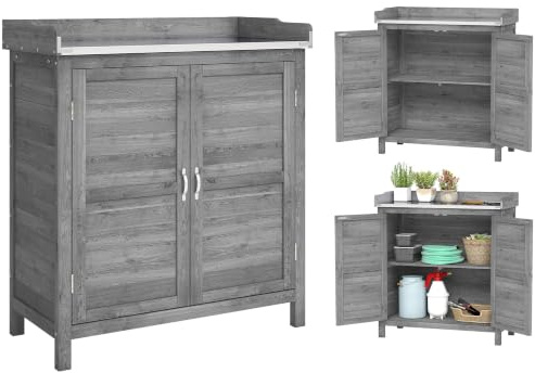 Outsunny Gartenschrank mit Pflanztisch Wetterfest 83 x 40 x 92cm Grau | Holz Geräteschuppen, Verzinkte Arbeitsplatte, 2 Regalböden, Werkzeugschrank Gartenschuppen, für Garten Balkon