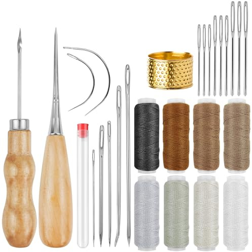 Sinofort 27 Stück Leder Werkzeug Set, Leder Nähset, Leder Reparatur Set Enthalten Nähgarn, Nadeln, Fingerhut, für Lederhandwerk, Teppich, Sofa, Segelsitz, Schuhe, Nähen und Reparieren