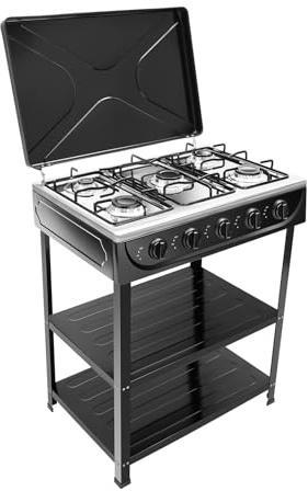 5-Brenner-Propangasbrenner,Gaskocher mit Zündsicherung,Campingkocher mit Stützbeinständer und windblockierender Abdeckung,für Wohnmobil, Wohnung, Kochen im Freien