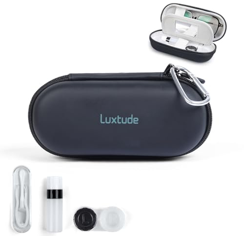 Luxtude 2-in-1 süßes Kontaktlinsen- und Brillenetui mit integrierter Spiegel, Pinzette und Lösung, doppellagig, Harte Tragetasche, Schwarz