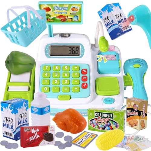 BUYGER Kinder Kasse Kaufladen Spielzeug, Kinderkasse mit Scanner Mikrofon Sound, Multifunktional Registrierkasse, Rollenspiel Nikolaus Geschenk für Kinder Jungen 3 4 5 + Jahre