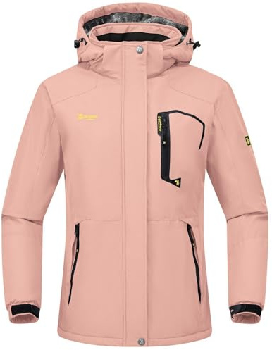 Rdruko Skijacke Damen Warme Winterjacke Gefüttert Verdickt Softshelljacke Wasserdicht Snowboardjacke Atmungsaktiv mit Abtrennbarer Kapuze - Rosa, XXL