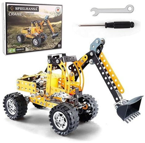Spielhansa Kinder-Mint 256 teiliges Metallbaukasten Kran Bulldozer Lernspielzeug,Geburtstagsgeschenke Kinder Bausatz für Jungen im Alter 8 9 10 11 12 13 14 15
