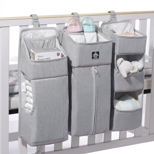 SUNVENO Hängender Aufbewahrung babybett Organizer babybett Windeltasche Aufbewahrungstasche windelkorb organizer mit abnehmbarer Partition (Grau)