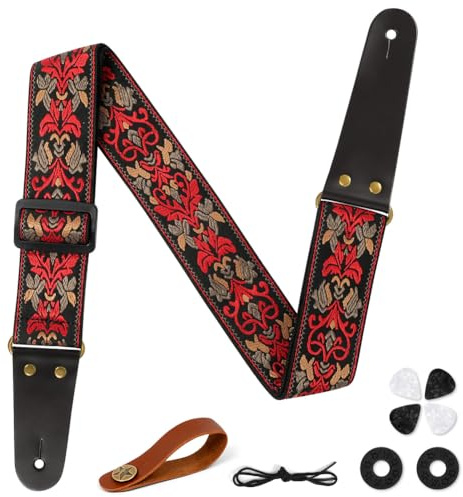 Aucuu Gitarrengurt, 2 Vintage bestickte Baumwolle Gitarrengurt, Verstellbarer Gitarrenband Echtleder Enden für Bass Elektro Akustik, mit Gurtknopf 2 Gurtschlössern 4 Gitarrenplektren