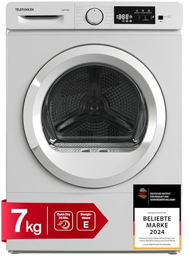 Telefunken Wärmepumpentrockner für 7 kg Wäsche, Trockner Frontlader, Wäschetrockner mit Knitterschutz und Startzeitvorwahl, Energiesparend, leise 64 dB, 15 Programme, Trommelbeleuchtung, TWP7EW