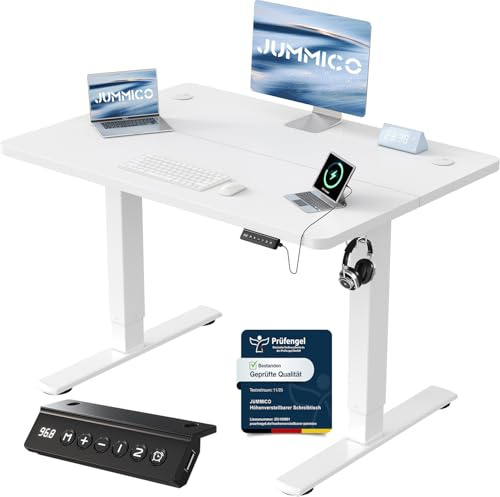 JUMMICO Höhenverstellbarer Schreibtisch mit USB-Ladeanschluss,Schreibtisch Höhenverstellbar Elektrisch 100 x 60 cm, Steh-Sitz Tisch Stehpult Verstellbarer Computertisch,Standing Desk,Weiß