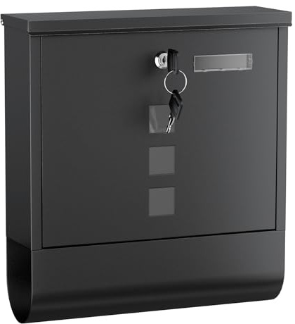 Wiltec Briefkasten mit Zeitungsrolle, schwarz, 305 x 100 x 338 mm, Wandbriefkasten mit Namensschild, Sichtfenstern, Schloss und Zeitungsrolle, Postkasten aus pulverbeschichtetem Stahl