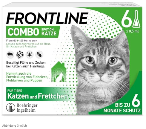 FRONTLINE Combo Katze gegen Zecken, Flöhe & Haarlinge (für Jede Größe & Gewicht) - 6X Pipetten für bis zu 6 Monate Schutz - auch gegen Floheier, Larven & Puppen im Haushalt - wasserfest