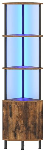 HOOBRO Regal mit LED-Beleuchtung und Schrank, Bücherregal, Eckregal, Standregal, Lagerregal, Badezimmerschrank, für Wohnzimmer, Arbeitszimmer, Schlafzimmer, Vintagebraun und Schwarz EBF147DCJ01