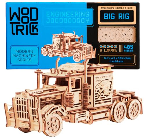 Wood Trick Big Rig Mechanischer Spielzeuglastwagen - Leistungsstarker Gummibandmotor - Realistischer Semi-Truck-Modellbausatz aus Holz für Erwachsene und Kinder - 3D-Holzpuzzle