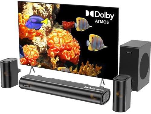 Hiwill 4.1ch Soundbar mit Dolby Atmos, 300W Soundbar für TV Geräte mit Subwoofer, 2 Front-Surround-Lautsprecher, HDMI eARC, Höhen und Bässe einstellbar, Surround-Sound für TV, HiElite A41