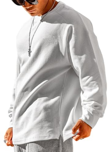 YCHSXAIZ Herren Waffeln T-Shirts Lange Ärmel Runder Hals | Pullover Loose Fit Classic Warmer Winter