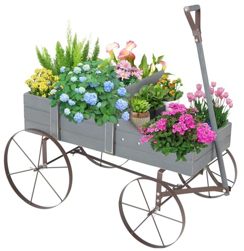 GOPLUS Pflanzschubkarre, Blumenwagen mit Rollen & Handgriff, Blumenkasten Blumenwagen Blumenständer Blumenkarre für Garten & Outdoor, 62 x 34 x 60cm (Grau)