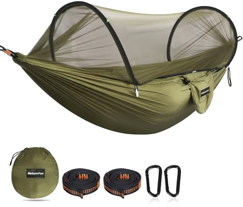 NATUREFUN Ultra-Light Reisecamping Hängematte Moskitonetz Hängematte | 300 kg Tragkraft, atmungsaktiv Schnelltrocknendes Fallschirm-Nylon | 2 Premium Karabiner, 2 Nylonschlingen inklusive