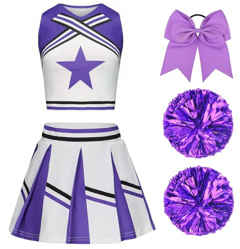 XFOZDM Cheerleader Kostüm Kinder Cheerleader Kostüm Kleid Mädchen Cheer Uniform mit Pompoms und Kopfschmuck Cheerleading Outfit Kinder für Faschingskostüme Halloween Karneval