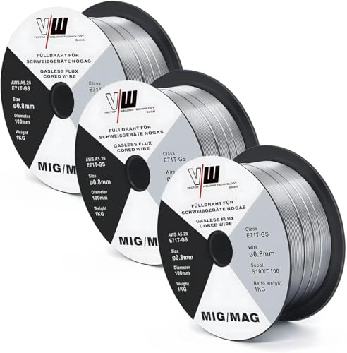 VECTOR WELDING Flux Fülldraht Ø 0,8 mm 3er Set für E71T-GS, niversell einsetzbar fülldraht schweißgerät zum Schweißen ohne Gas, je 1 kg D100/S100 Spule 16 mm Dorn, geeignet für viele MIG/MAG Geräte