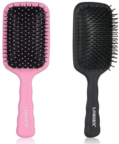 LORSEX 2 Stück Haarbürste, Große Paddel Haarbürste zum Entwirren für Damen, Herren und Kinder, ideal für nasses/trockenes Haar, glättend, massierend und zum Entwirren (Rosa+Schwarz)