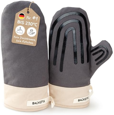 Backefix Ofenhandschuhe mit Silikonmusterung – EIN Paar Backofenhandschuhe hitzebeständig bis 250°C, rutschfest, Baumwolle, nachhaltig, waschbar, komfortabel und plastikfrei
