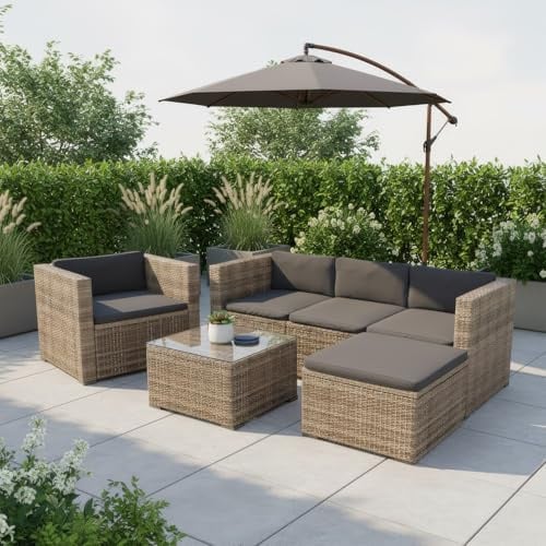 Juskys Polyrattan Lounge Punta Cana L für 4-5 Personen mit 3er Sofa, Sessel, Hocker, Tisch & Kissen, Sitzgruppe für Garten, Terrasse und Balkon, Gartenmöbel Set wetterfest - Grau-meliert