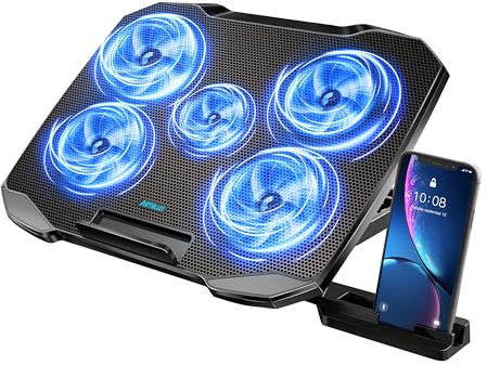AIMIUZI Laptop Kühler 12-15,6 Zoll,Laptop Lüfter Unterlage Leise Kühlung Kühlpad Cooler Cooling Pad mit 5 Leisen Lüftern, 5 Höhenverstellbar, 2 USB-Ports, 1 Telefonhalter (Blau)