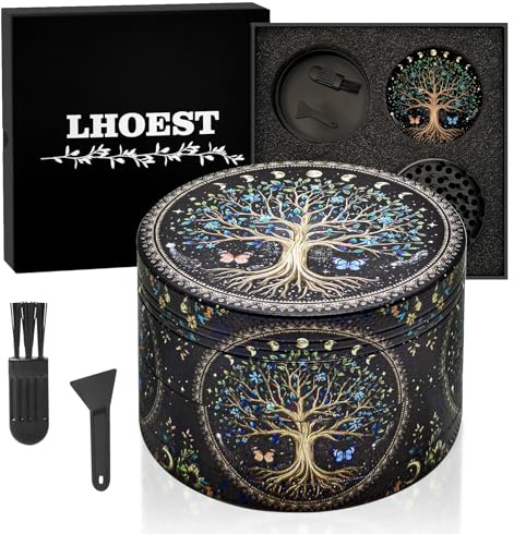 LHOEST Grinder Große Crusher, 63 mm Gewürzmühle mit Scraper und Plastikbürste, Grinders 4 Schichten Baum-Design, Pollen Grinder Metall 4-teiliges Set für Spice Gewürze
