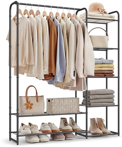 SONGMICS Kleiderständer, offener Kleiderschrank, Kleiderstange, Garderobenständer mit Ablagen, Garderobe aus Metall, freistehend, 29 x 112 x 158,4 cm, mattschwarz LGR462B01