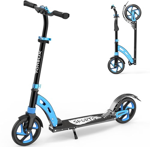 TONBUX Roller Kinder 6 7 8 9+Jahre,Aluminium Scooter Erwachsene,Cityroller Doppeltes Federungssystem, Höhenverstellbar&Klappbar Tretroller,Kickscooter bis 100kg Belastbar Blau