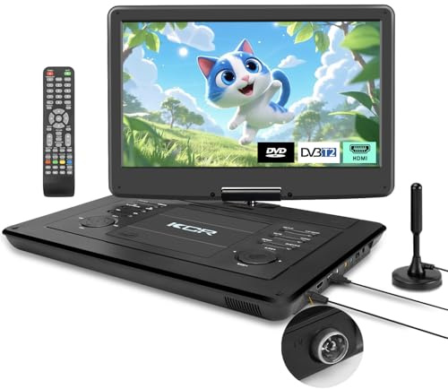 KCR 15,6 Zoll Tragbarer DVD-Player für Kinder und Auto, 15,6 Zoll LED-Bildschirm, DVB-T2 Tuner, wiederaufladbarer Akku, USB/HDMI/AV/Audio und mehrere Formate