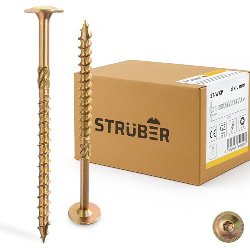 STRÜBER Tellerkopfschrauben mit Torx-Antrieb (6,0 x 60 mm / 100 Stück) Holzschrauben für Dachkonstruktionen - Konstruktionsschrauben Gelb verzinkt - Sparrenschrauben TX-Buchse - BIT TX-30 inklusive!