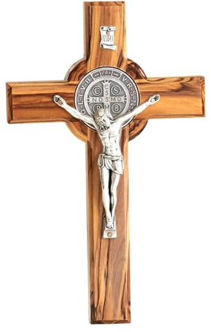 Kassis Geschenkartikel Olivenholz St. Benedikt Kreuz zum Aufhängen Benediktuskreuz Wandkreuz Kruzifix zur Firmung Geburt Kommunion Taufe 20 x 12,5 cm