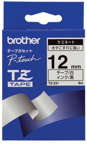 Brother TZE231 TZe-231 P-touch Schriftband (12mm breit, 8m lang, u.a. für Brother PT-H100LB/R, -H105, -E100/VP, -D200/BW/VP, -D210/VP, laminiert) schwarz auf weiß