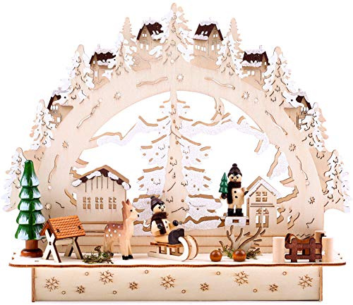 BRUBAKER 3D LED Lichterbogen Schwibbogen - Winterlandschaft mit Dorf - LED Beleuchtung - Holz Natur - 27,5 x 24,5 x 8,7 cm - Handbemalt
