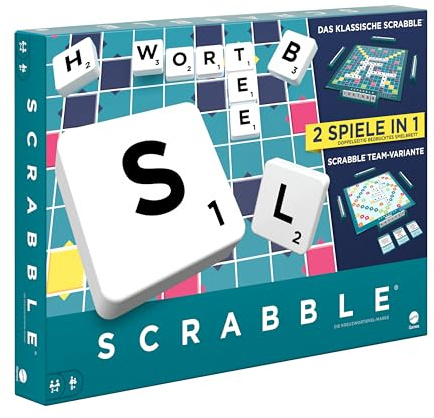 MATTEL GAMES Scrabble Zwei in Eins - Doppelseitiges Brettspiel für schnelles, zwangloses und kooperatives Spiel, inklusive 50 Zielkarten für Scrabble Together, einfache Punktevergabe, HWD45