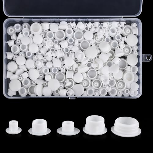 200 Stück Abdeckkappen für Bohrlöcher, Kunststoff Abdeckkappen für Schrauben mit Box, Schraubenabdeckung Weiss, Runde Schrauben Abdeckkappen Sortiment, Blindstopfen 5 mm/6 mm/8 mm/10 mm/12 mm
