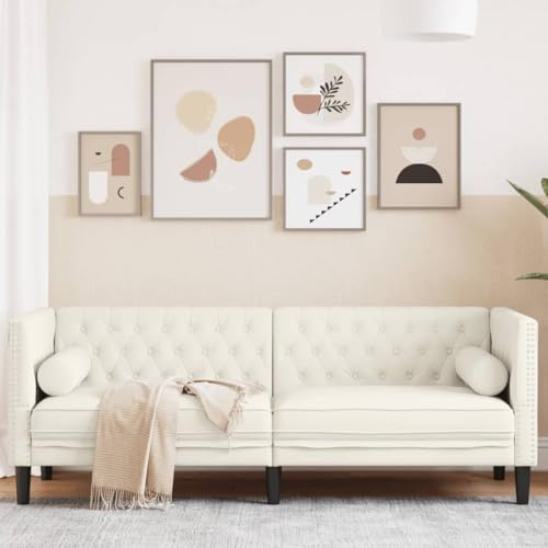 Willood 3 Sitzer Sofa Chesterfield Sofa mit Nackenrollen Couch Creme Samt