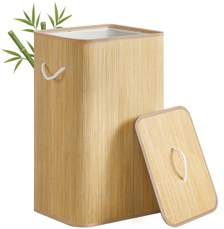 SONGMICS Wäschekorb mit Deckel, 90 L, Wäschesammler Bambus, rechteckig, Wäschebox mit Griffen, faltbar, Wäschesack herausnehmbar maschinenwaschbar, naturfarben LCB077YZ01