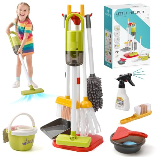 LTFIOON Kinder Putzset, 14pcs Kinderbesen Set, Kinderstaubsauger mit Echter Saugfunktion, Kleinkind Reinigung Spielzeug Set, Kinderputzset Haushaltsreinigung Rollenspiel Spielzeug ab 3 Jahren