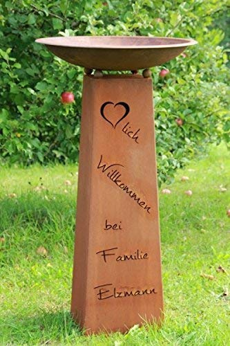 Rostikal | Personalisierte Edelrostsäule Herzlich Willkommen | Pflanzsäule 100 cm hoch mit Rostschale rund 60 cm