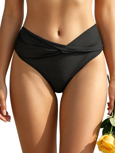 SHEKINI Damen Bikinihose Retro Ruched Bauchweg Klassisch Schwarze Badehose Strandhose Grosse Grössen für Frauen