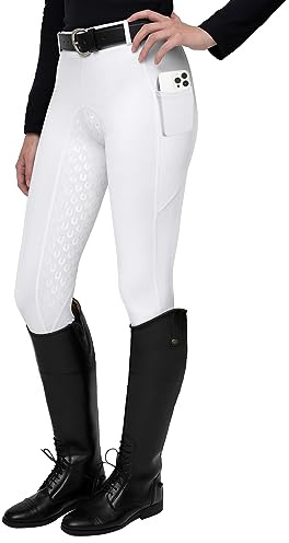 FitsT4 Sports Damen Reitleggings Silikon Vollbesatz Reithose mit Handytasche und Gürtelschlaufen,Weiß,Gr.XS