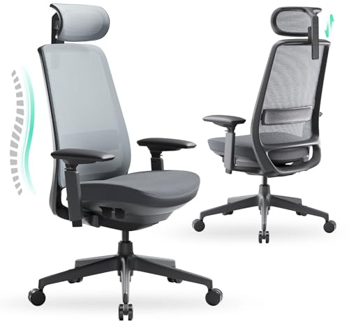 COLAMY Ergonomischer Bürostuhl mit Verst. Lenden- & Kopfstütze - Höhenverst., 4D Armlehnen, Sync.-Mechanik - Mesh Office Chair Hochlehner für Homeoffice (Schwarz-Grau)