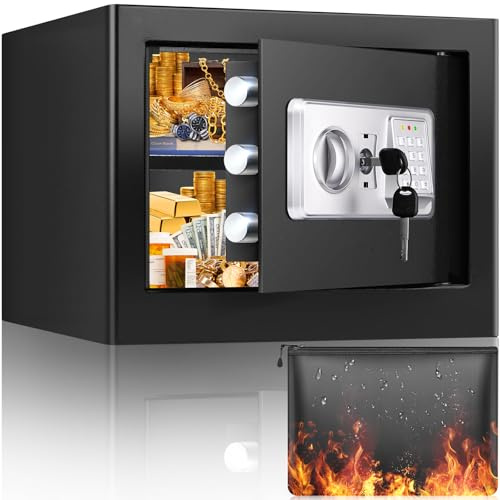 Safe Tresor für Zuhause mit Feuerfester Wasserdichter Tasche, 25L Digitaler Tresor Klein mit Herausnehmbares Regal und Alarmanlage, Wandtresor Möbeltresor für Schmuck Bargeld Medikamente Dokumente