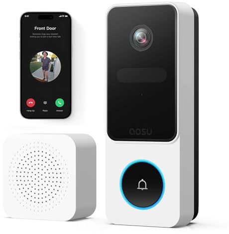 aosu 2K Video Türklingel mit Kamera, 170°Weitwinkel, Paketerkennung | PIR-Bewegungserkennung für Haustür (Person/Paket), 2-Wege-Audio, Nachtsicht, 2,4GHz WLAN & Bluetooth, IP65, Alexa-kompatibel