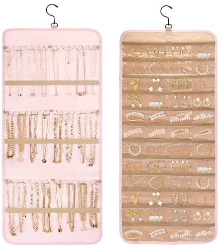 SUKARNE Schmuck-Organizer zum Aufhängen,Schmuckaufbewahrung Doppelseitig Hängende mit 48 Transparente Taschen,Faltbare Doppelseitige Schmuckhalter für Ohrringe,Halsketten,Ringe,Armband