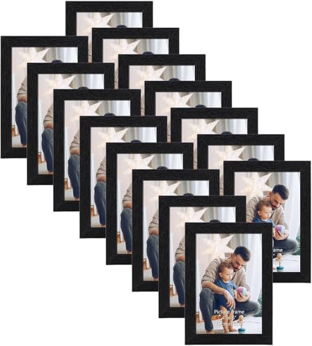 HORLIMER 15er Bilderrahmen Set 10x15 cm, Schwarz Bilderrahmen mit Holzmaserung, Fotorahmen Collage für 15x10 Fotos und Bilder, Wand- oder Tischaufstellung