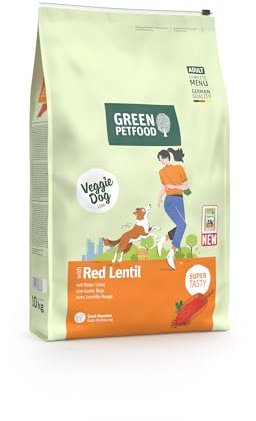 Green Petfood VeggieDog mit roter Linse (1 x 10 kg) | Adult | Premium Trockenfutter für ausgewachsene Hunde | 100% vegetarisch | weizenfrei | besonders verträglich mit Flohsamenschalen | 1er Pack