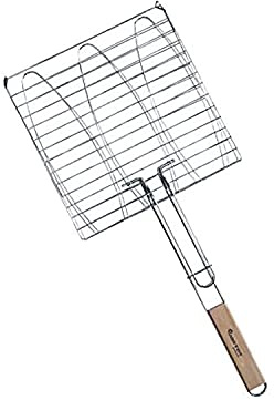 3er Fischbräter 28x28cm Fischgriller Fischzange Grillkorb Grillwender Fischhalter Grillaufsatz mit Holzgriff Stahl verchromt