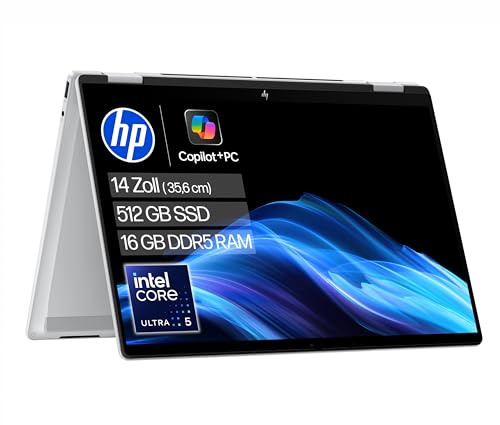HP OmniBook X Flip Laptop, 14 2K, Intel Core Ultra 5, 16GB RAM, 512GB SSD | Copilot+ 2-in-1, Convertible für Studium, Kreativarbeit & Business, 40 NPU TOPS, Touchscreen, QWERTZ, Silber